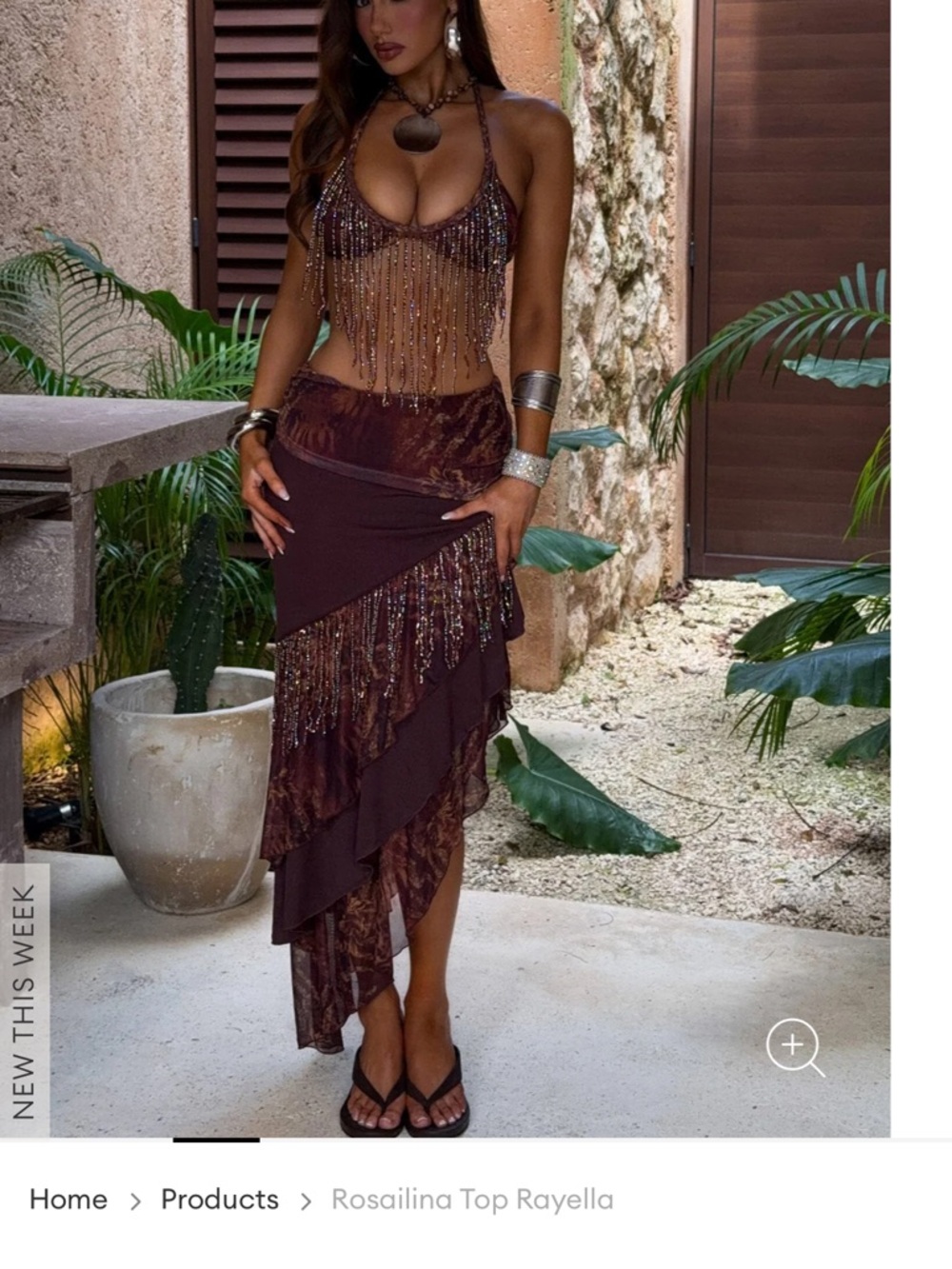 Rosailina Brown Maxi Skirt - Beaded Fringe Detail - Picture 3 of 3